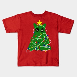 Black cat disguse as Christmas tree with lights and decor Kids T-Shirt